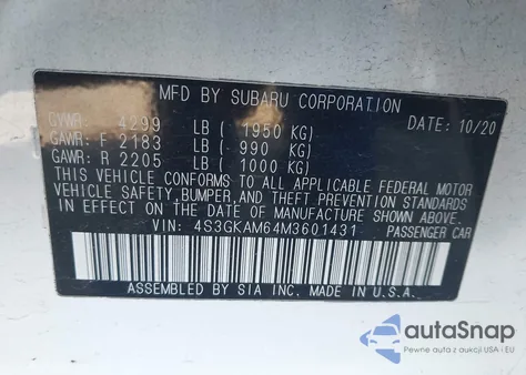 2021 Subaru Impreza Sport z USA, uszkodzony, nr VIN 4S3GKAM64M3601431